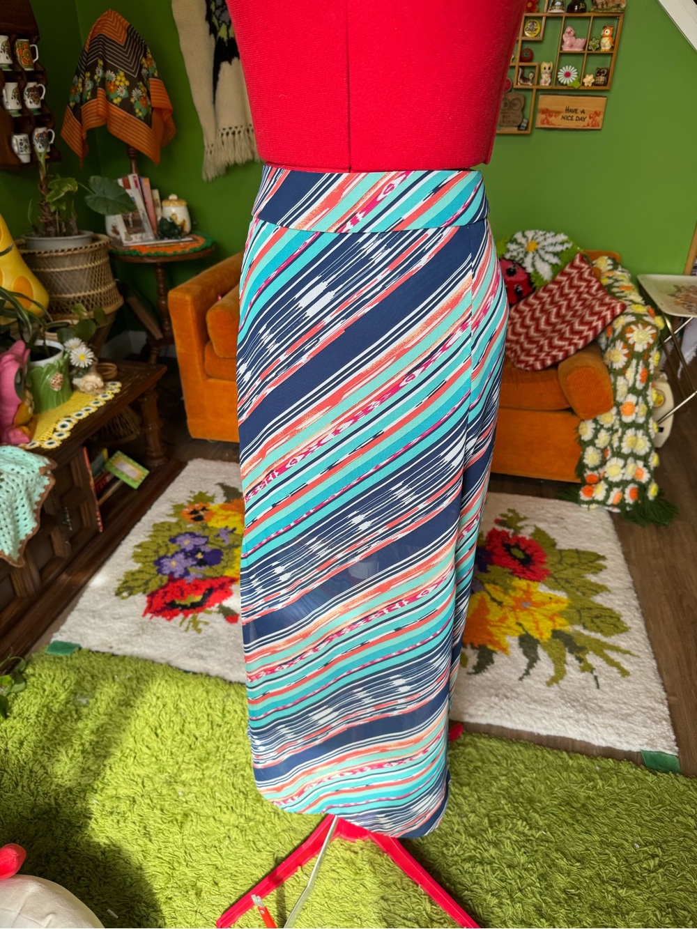 Maurices Navy, Aqua and Coral Striped Maxi Skirt